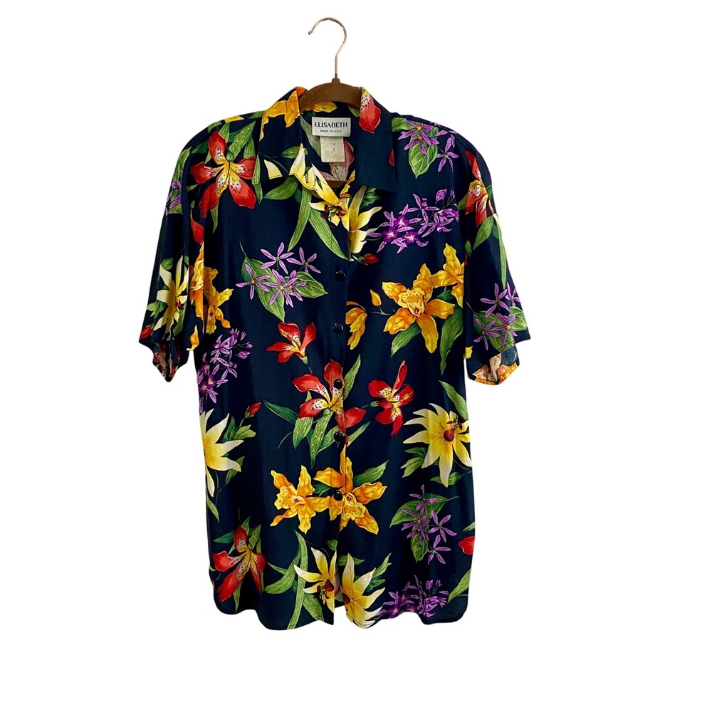 Vintage 90s Elisabeth Rayon Tropical Floral Button Up Shirt S Navy Blue Hawaiian